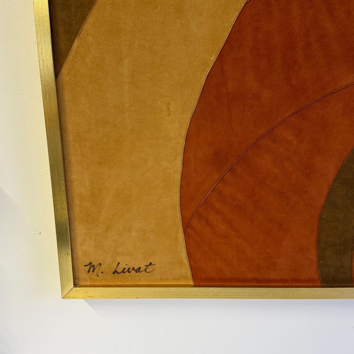Vintage Mid Century Suede Leather Geometric Abstract Art Signed M. Lavit 30x30