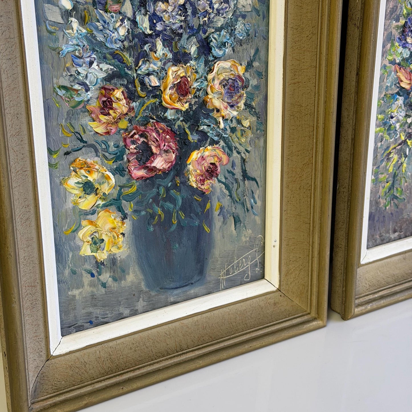 Vintage Mid Century Pair Of Original Impressionist Floral Oil Paintings Signed