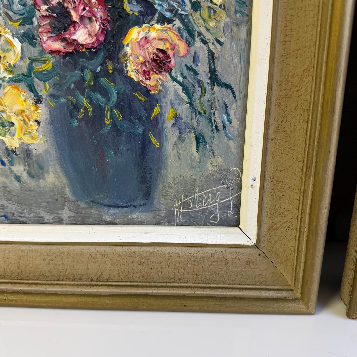 Vintage Mid Century Pair Of Original Impressionist Floral Oil Paintings Signed