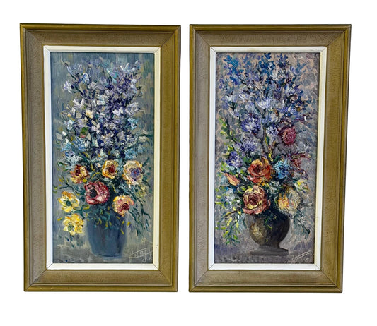 Vintage Mid Century Pair Of Original Impressionist Floral Oil Paintings Signed