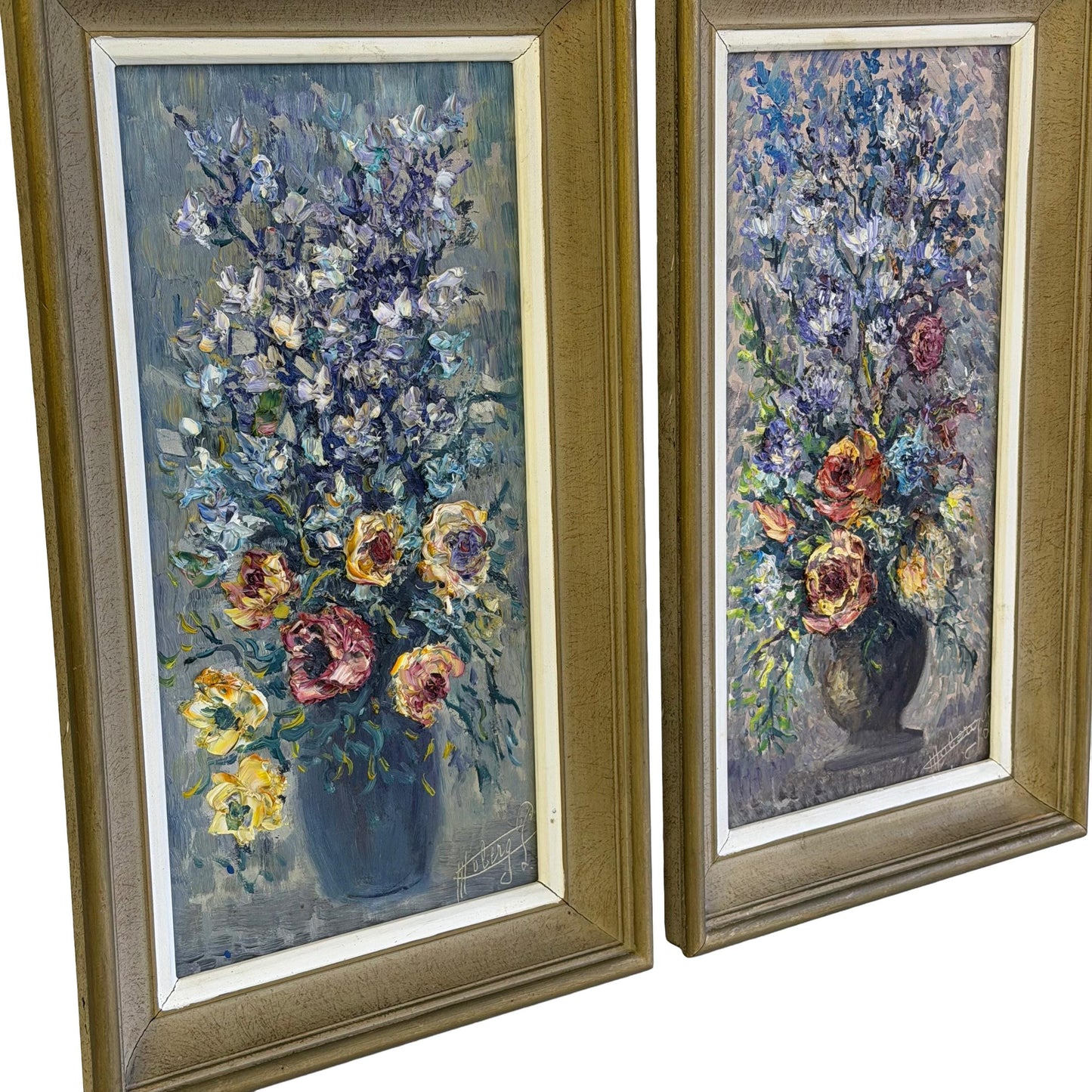 Vintage Mid Century Pair Of Original Impressionist Floral Oil Paintings Signed