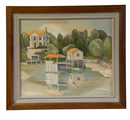 Vintage MCM Original Art Lake House Painting Signed Peggy D McClung