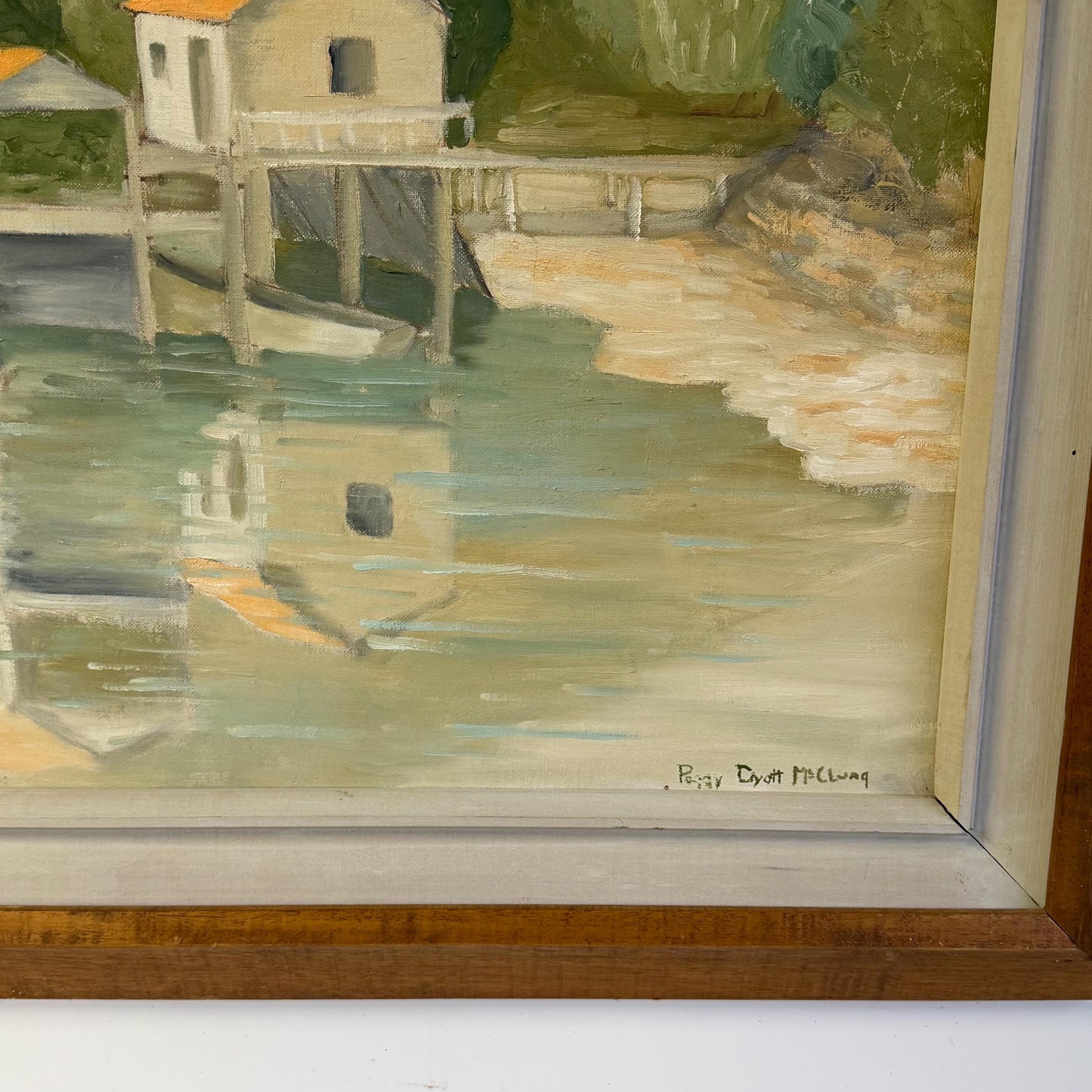 Vintage MCM Original Art Lake House Painting Signed Peggy D McClung