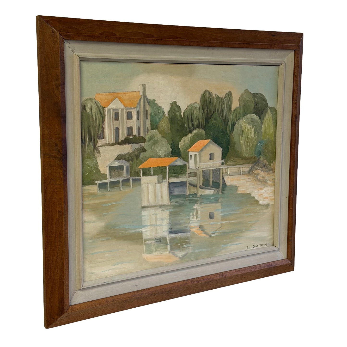 Vintage MCM Original Art Lake House Painting Signed Peggy D McClung