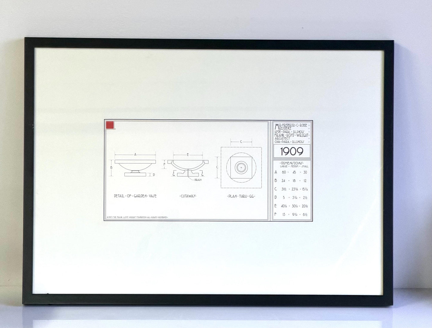 Frank Lloyd Wright Print Robie House Garden Vase Technical Drawing 1997