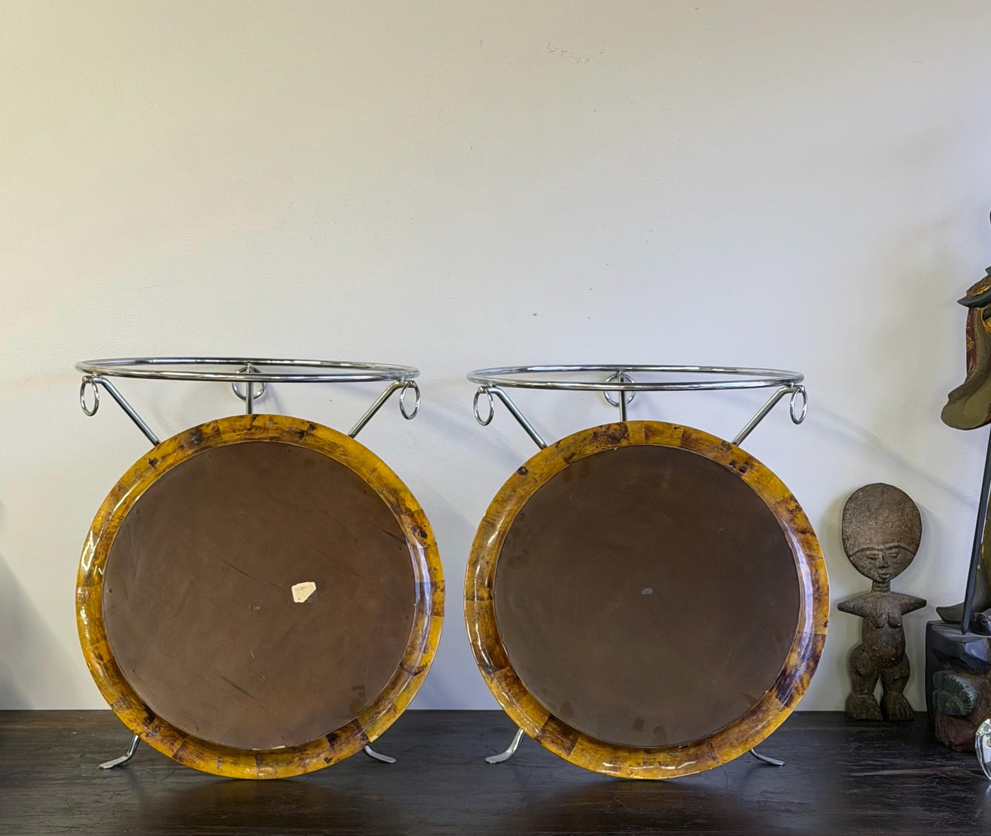 Vintage Pair Of Neiman Marcus Faux Tortoise Shell Gueridon Tripod Side Tables