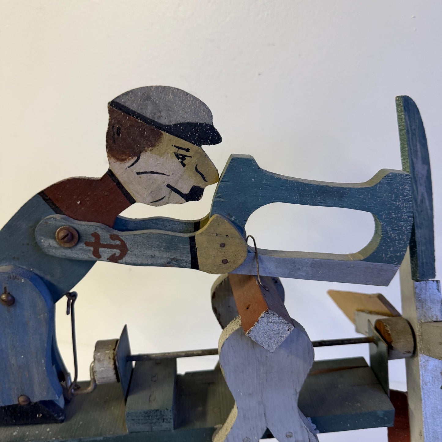Vintage Mid Century Hand Carved Wooden Popeye Sailor Folk Art Whirligig 22” Long