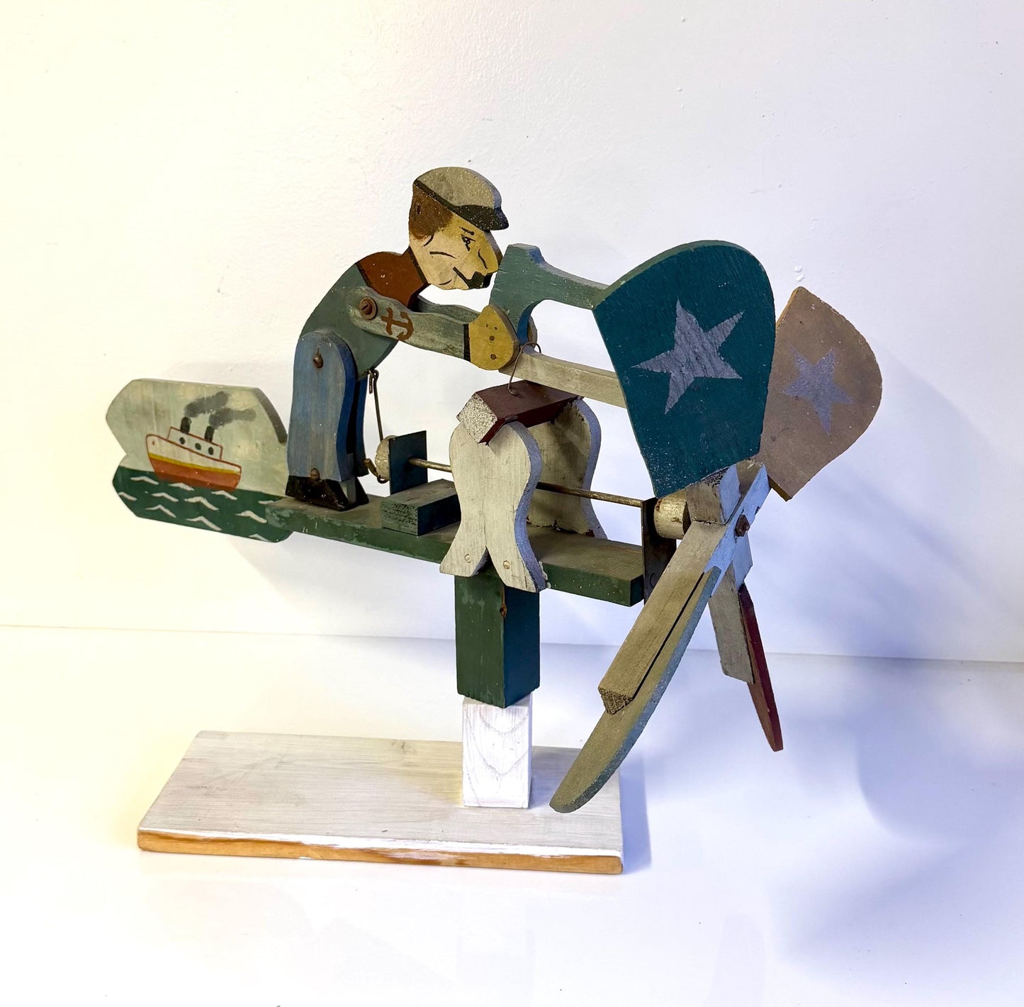 Vintage Mid Century Hand Carved Wooden Popeye Sailor Folk Art Whirligig 22” Long