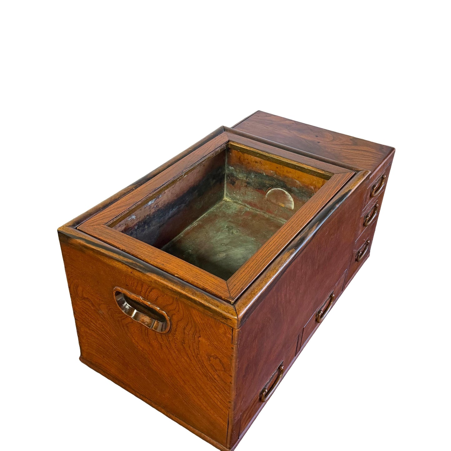 Antique Original Japanese Keyaki Hibachi Kanto Brazier Tea Chest Table 1900’s