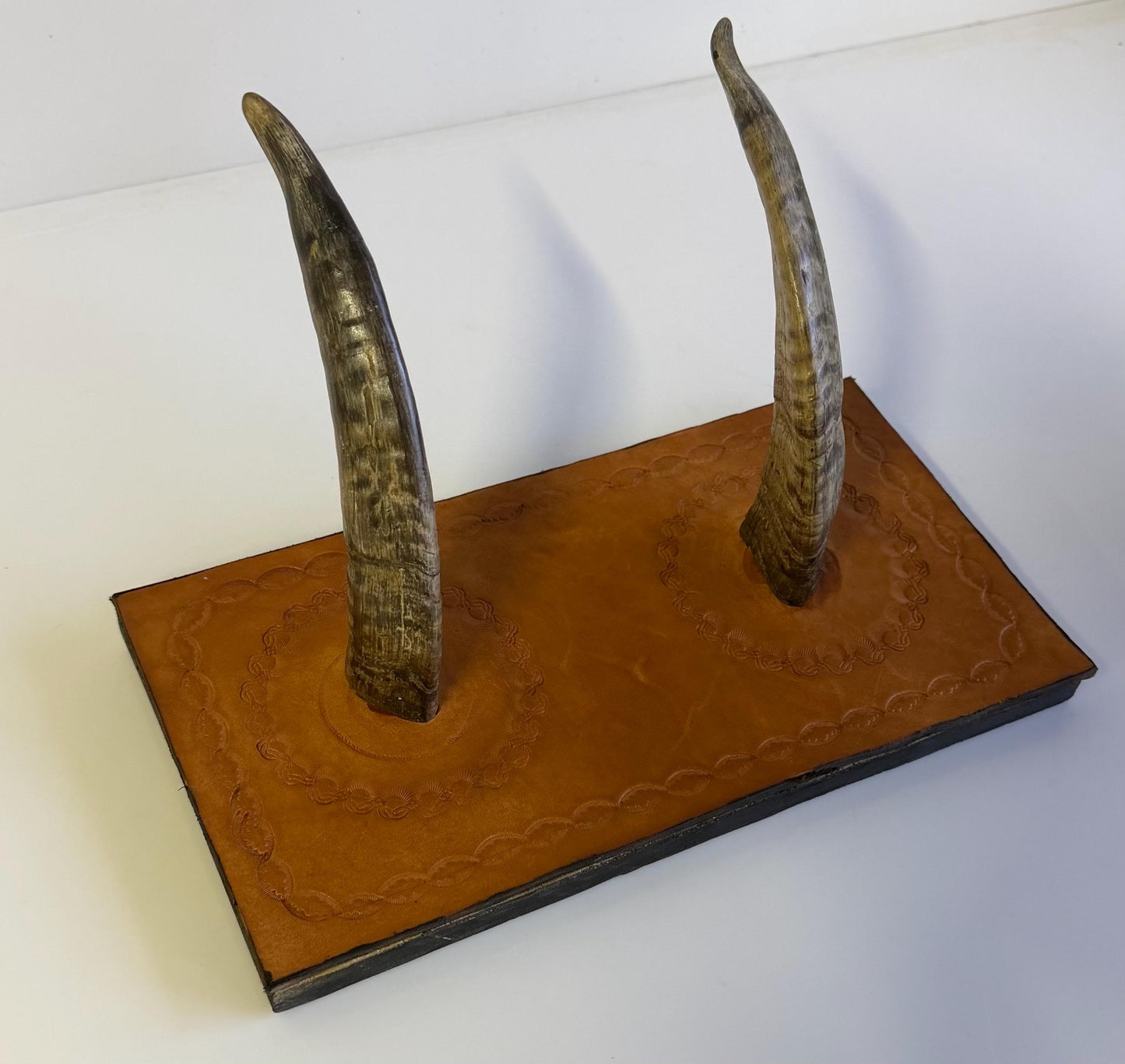 Vintage Hand Made Tooled Leather & Horn Wall Coat Rack
