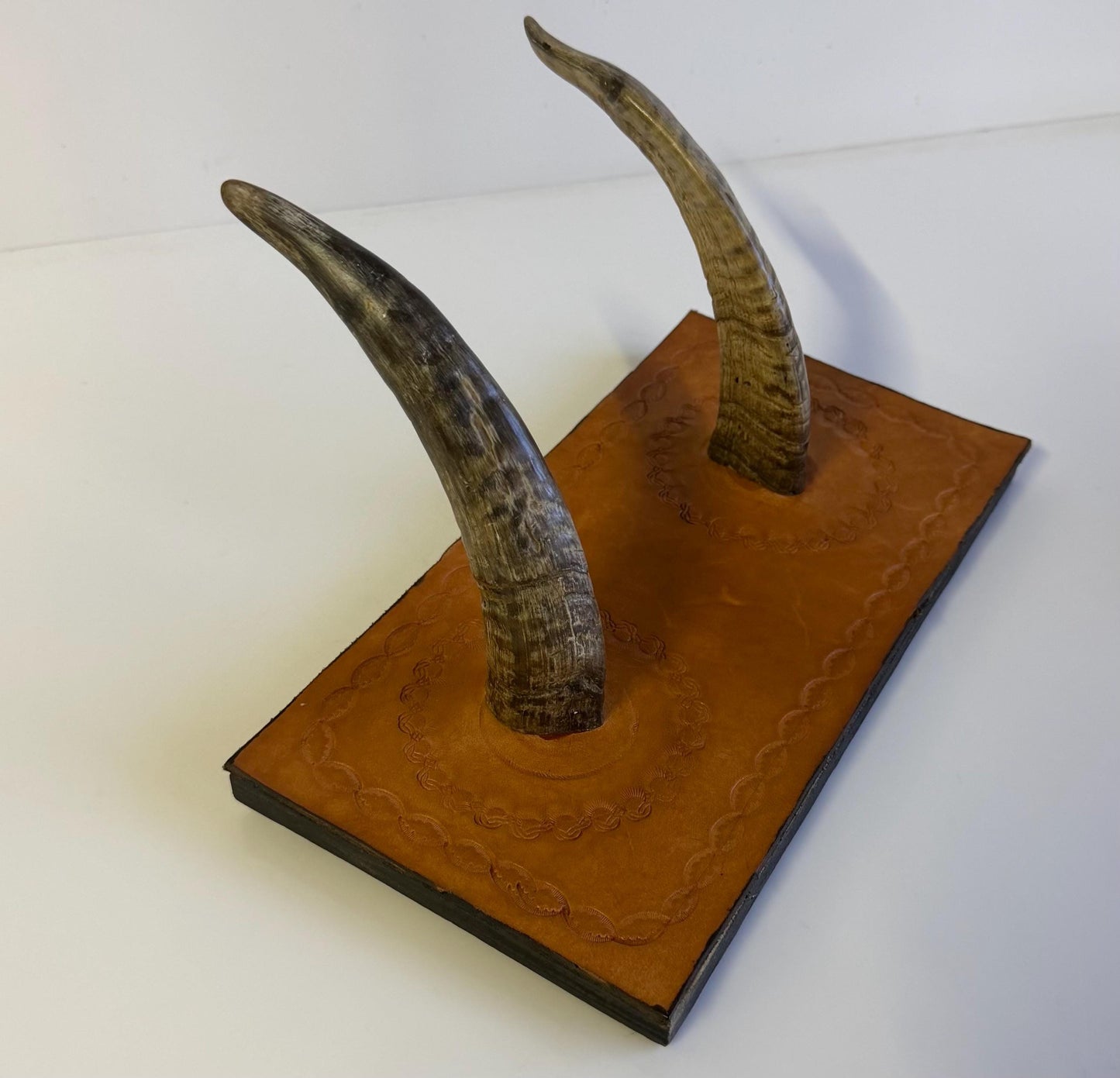 Vintage Hand Made Tooled Leather & Horn Wall Coat Rack