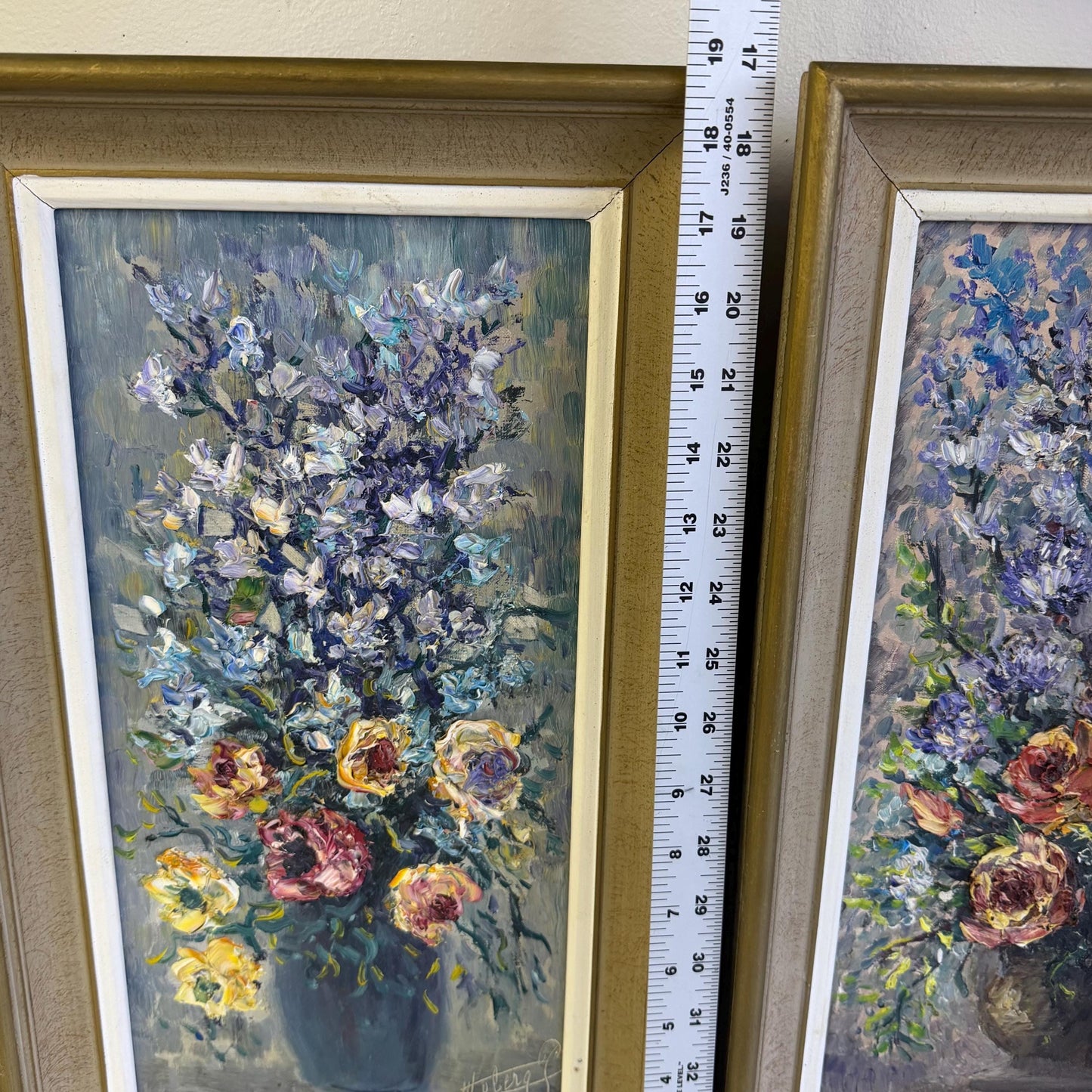 Vintage Mid Century Pair Of Original Impressionist Floral Oil Paintings Signed