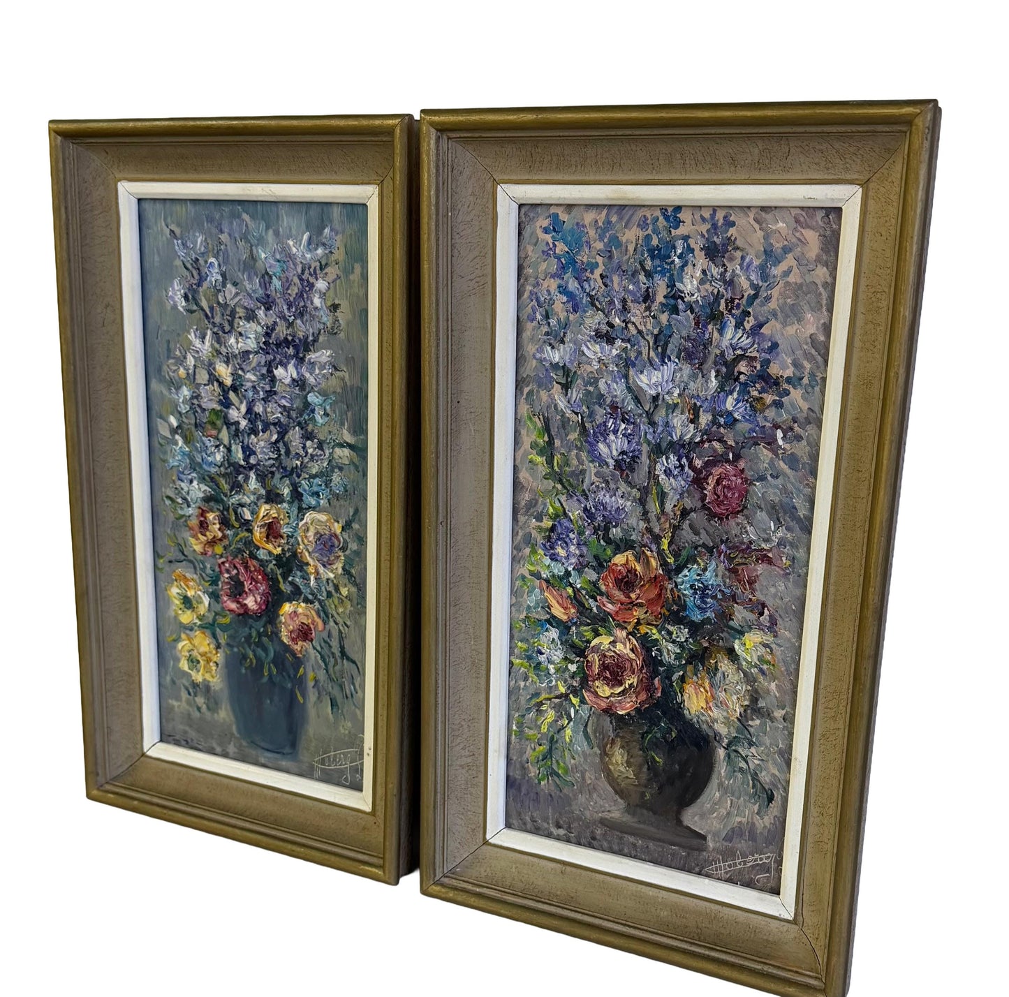 Vintage Mid Century Pair Of Original Impressionist Floral Oil Paintings Signed