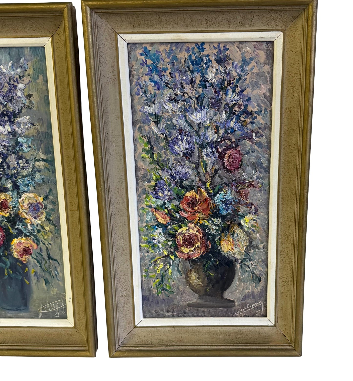 Vintage Mid Century Pair Of Original Impressionist Floral Oil Paintings Signed