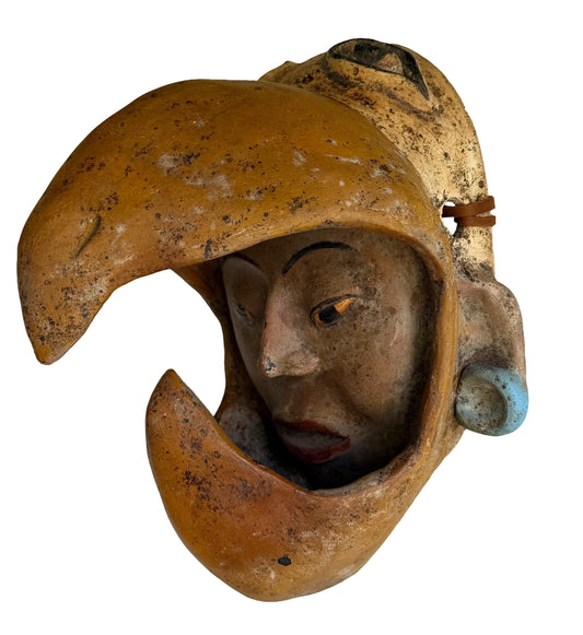 Vintage Mexican Clay Aztec Eagle Warrior Mask Folk Art