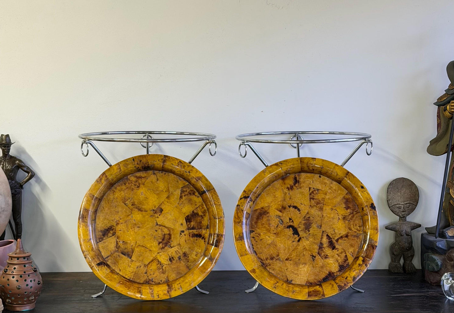 Vintage Pair Of Neiman Marcus Faux Tortoise Shell Gueridon Tripod Side Tables