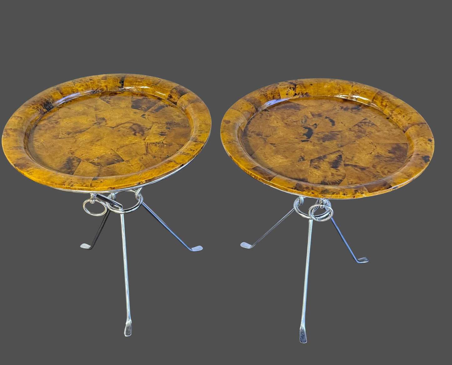 Vintage Pair Of Neiman Marcus Faux Tortoise Shell Gueridon Tripod Side Tables