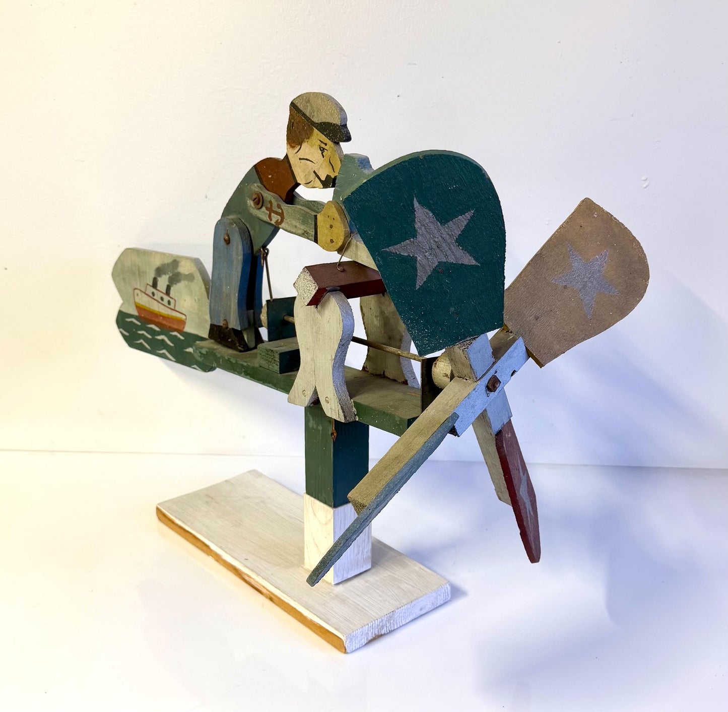 Vintage Mid Century Hand Carved Wooden Popeye Sailor Folk Art Whirligig 22” Long
