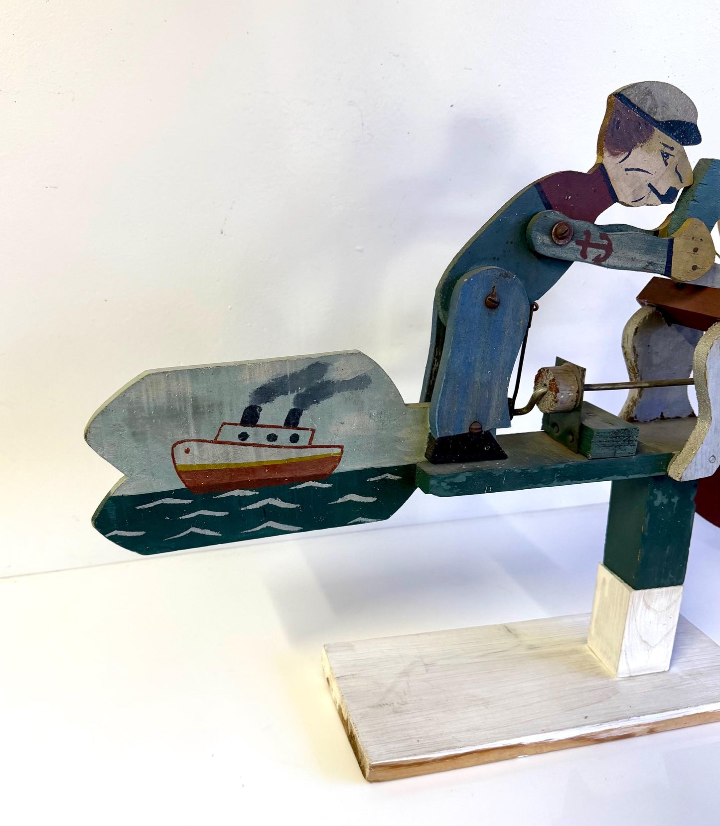 Vintage Mid Century Hand Carved Wooden Popeye Sailor Folk Art Whirligig 22” Long