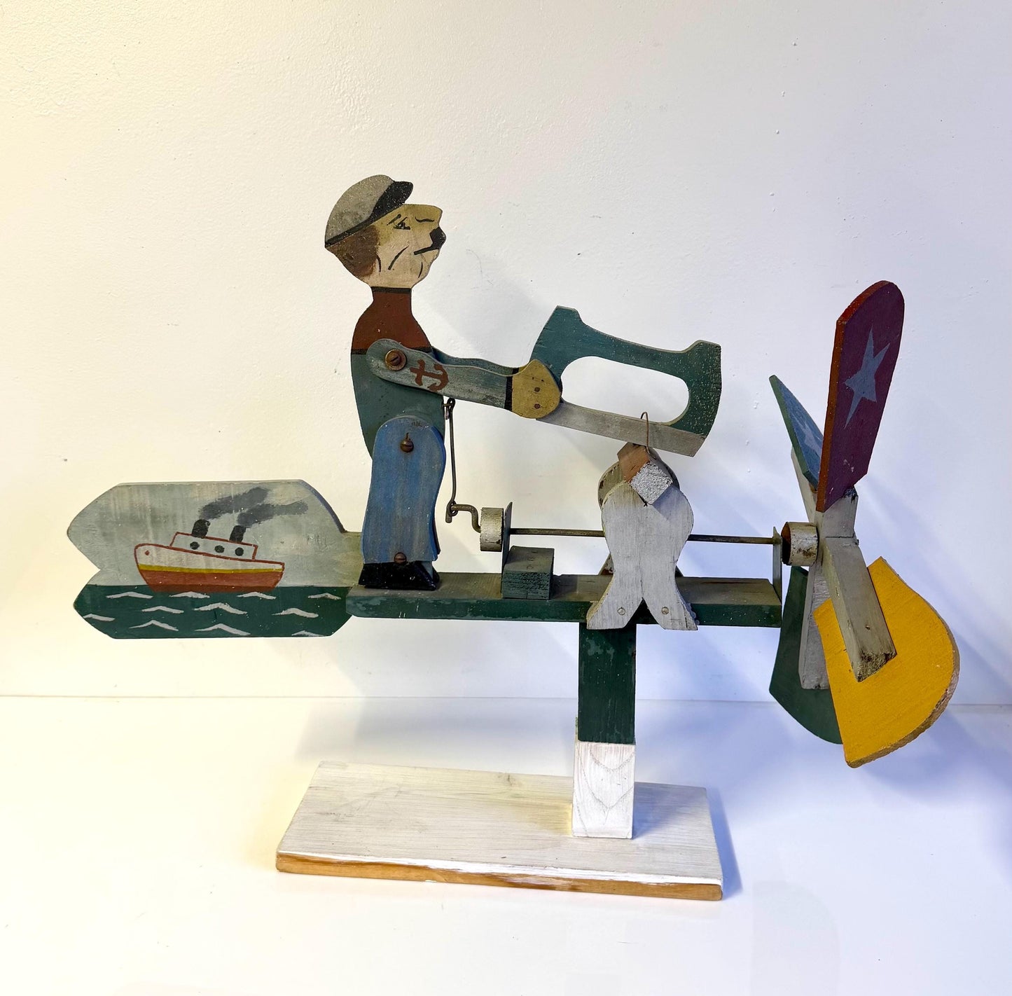 Vintage Mid Century Hand Carved Wooden Popeye Sailor Folk Art Whirligig 22” Long