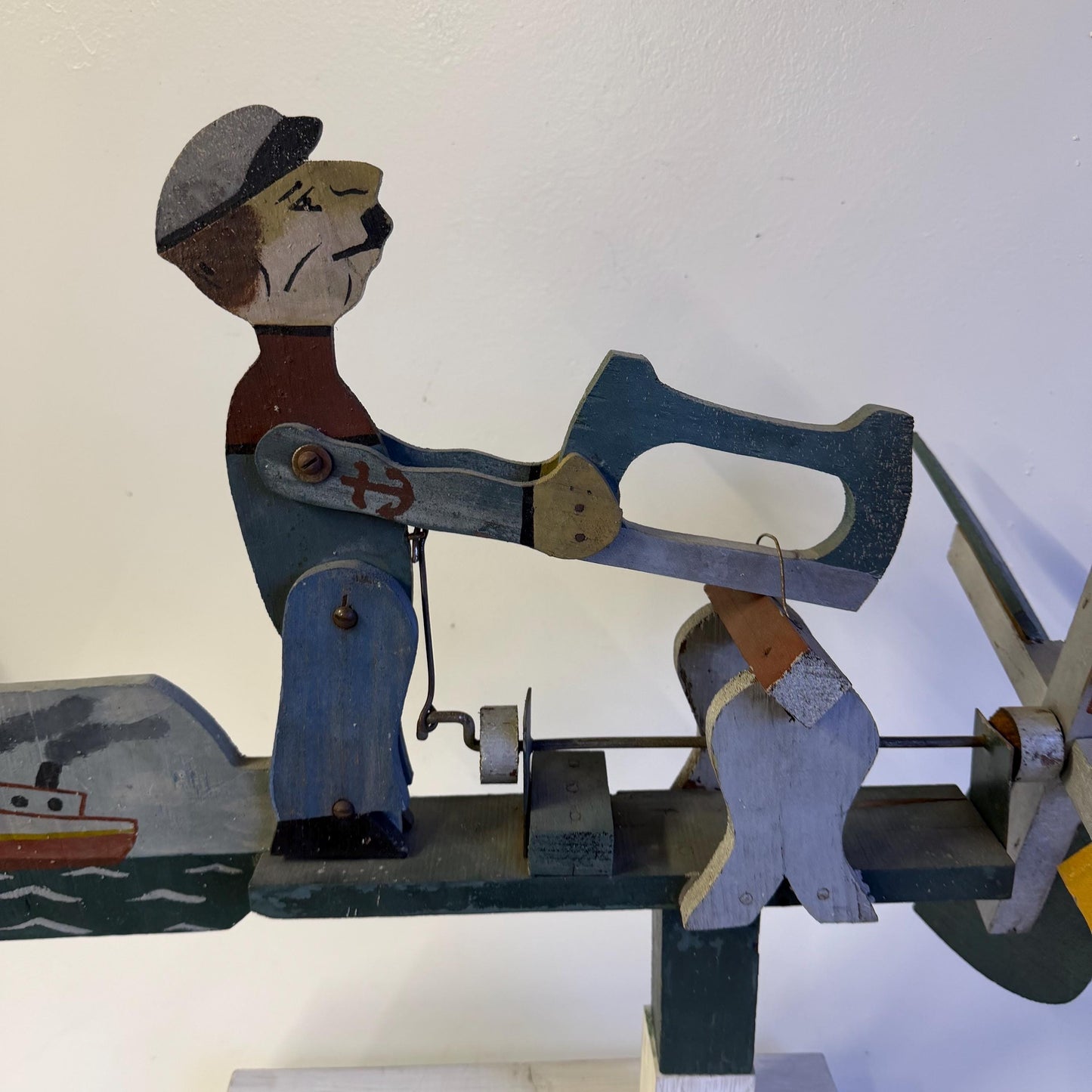 Vintage Mid Century Hand Carved Wooden Popeye Sailor Folk Art Whirligig 22” Long
