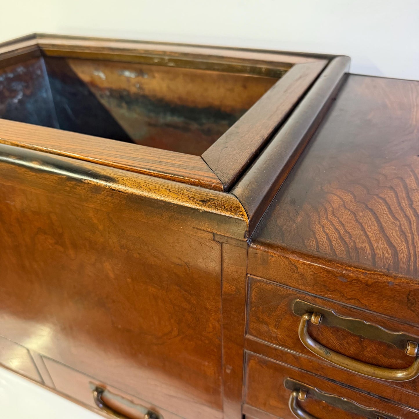 Antique Original Japanese Keyaki Hibachi Kanto Brazier Tea Chest Table 1900’s