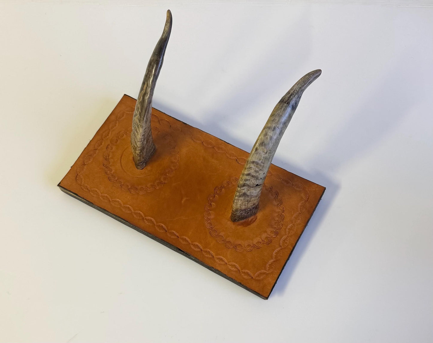 Vintage Hand Made Tooled Leather & Horn Wall Coat Rack