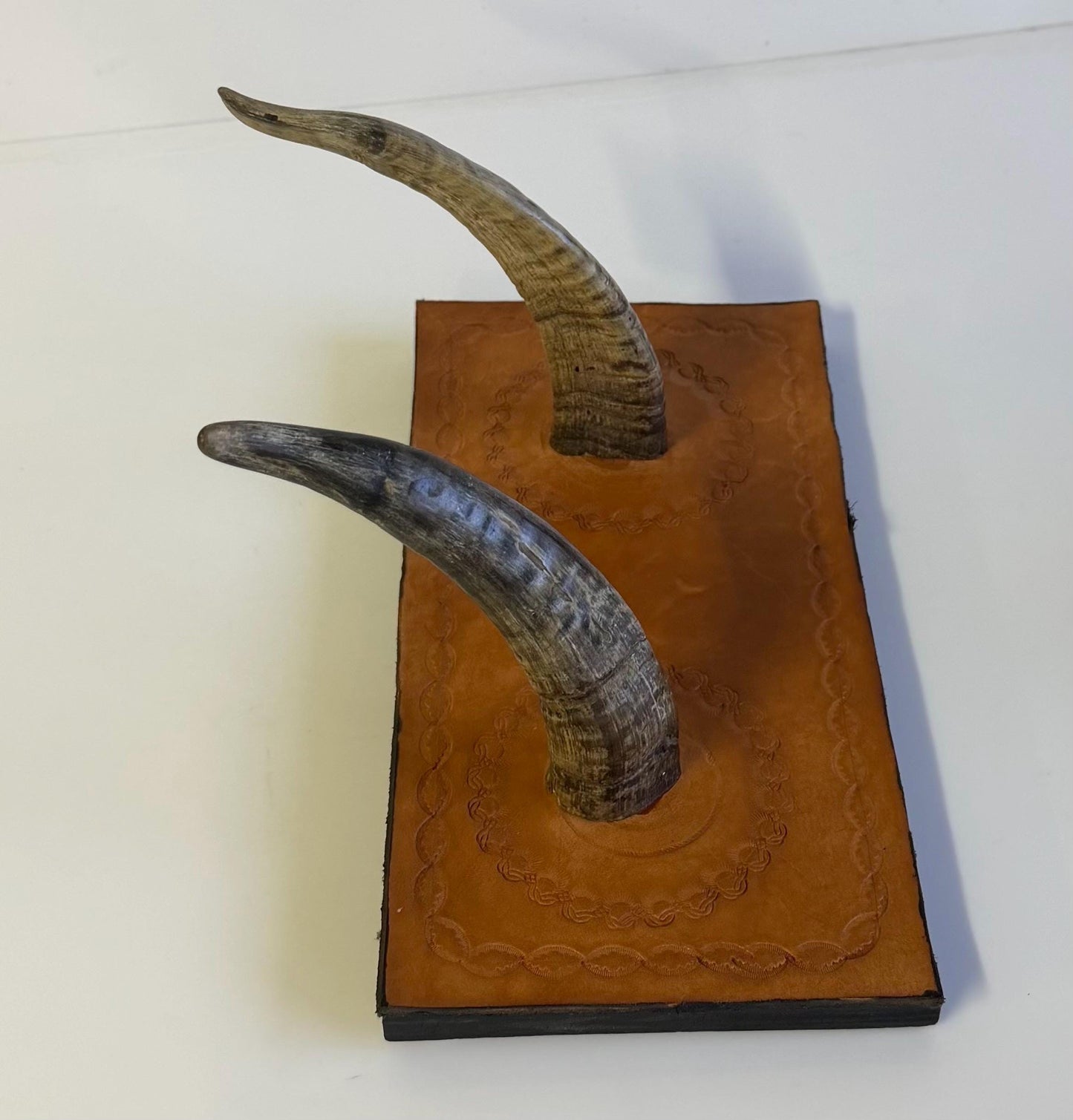 Vintage Hand Made Tooled Leather & Horn Wall Coat Rack