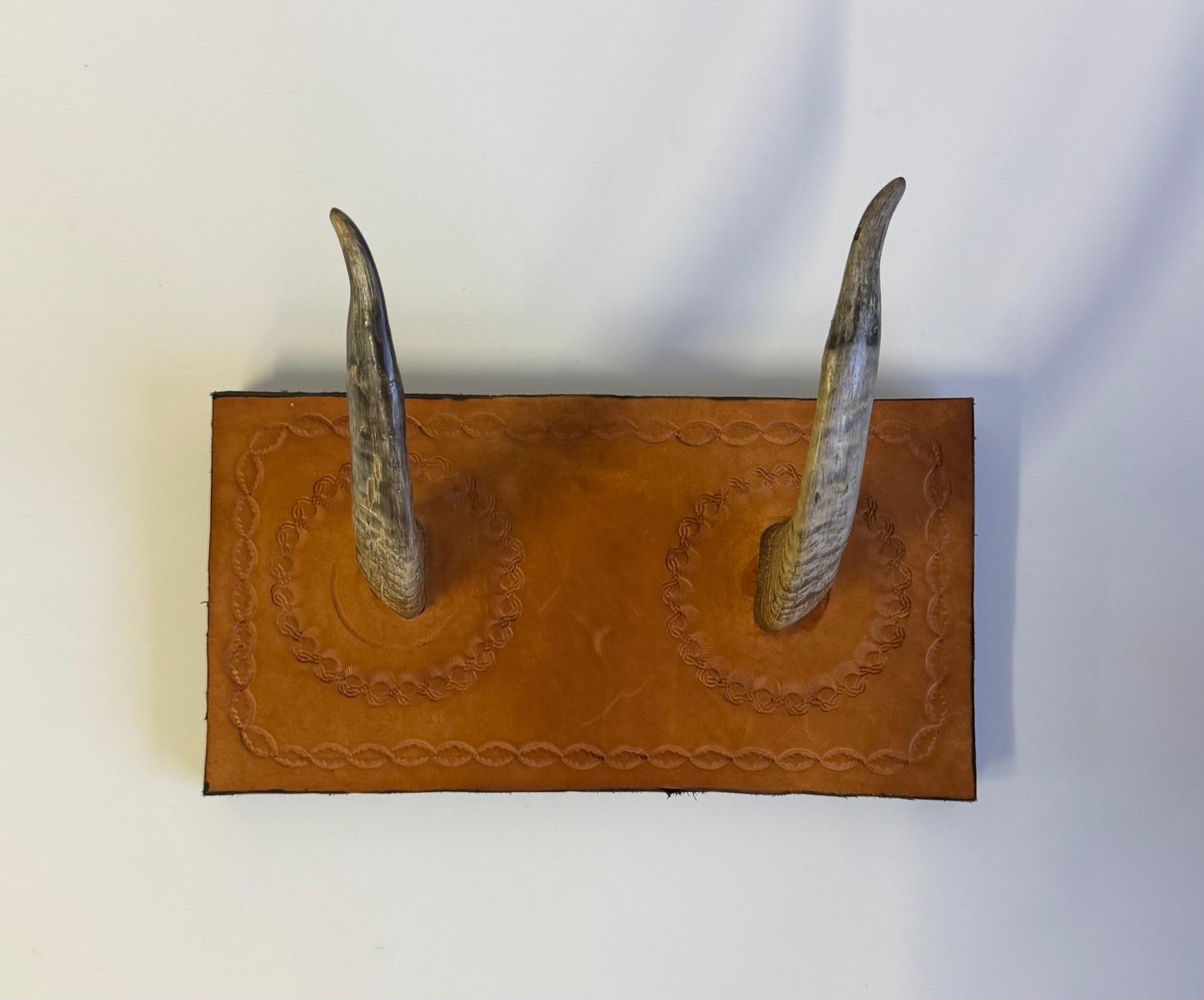 Vintage Hand Made Tooled Leather & Horn Wall Coat Rack