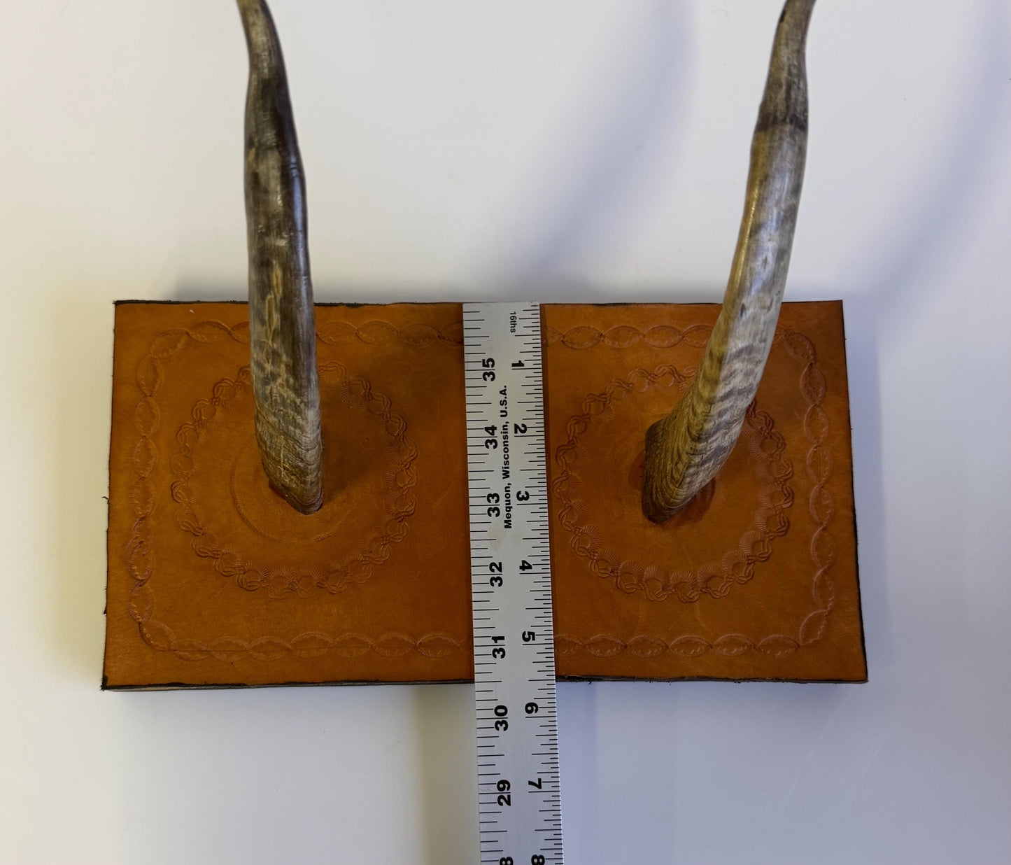 Vintage Hand Made Tooled Leather & Horn Wall Coat Rack